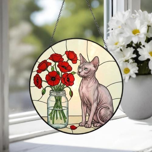 Custom Sphynx Cat & Red Poppies Glass Suncatcher:  Gift for Cat Lovers - image 3