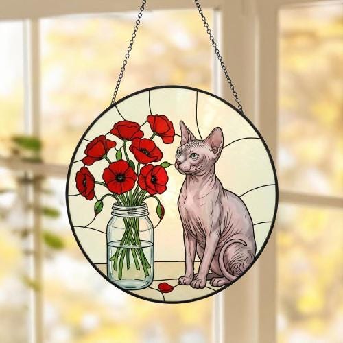 Custom Sphynx Cat & Red Poppies Glass Suncatcher:  Gift for Cat Lovers - image 5