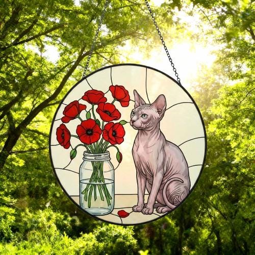 Custom Sphynx Cat & Red Poppies Glass Suncatcher:  Gift for Cat Lovers - image 4