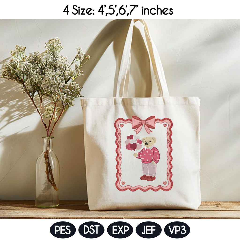 Valentine Teddy Bear Embroidery Design, Cute Bear With Hearts & Bow Frames, Love Bear Machine Embroidery, 4 Sizes, Digital Download - image 4