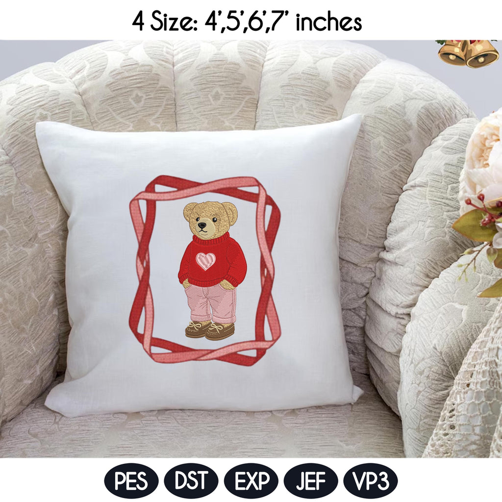 Valentine Teddy Bear Embroidery Design, Cute Bear With Hearts & Bow Frames, Love Bear Machine Embroidery, 4 Sizes, Digital Download - image 5