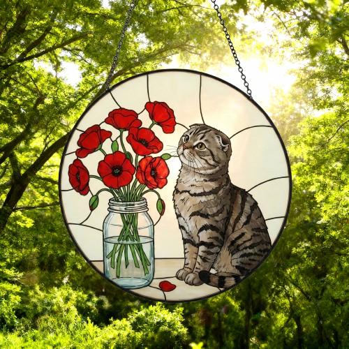 Custom Scottish Fold Cat & Red Poppies Glass Suncatcher:  Gift for Cat Lovers - image 5