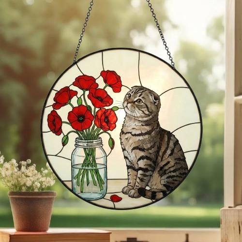 Custom Scottish Fold Cat & Red Poppies Glass Suncatcher:  Gift for Cat Lovers - image 3