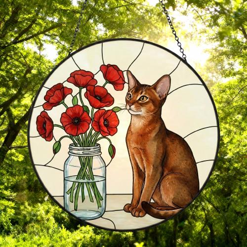 Custom Abyssinian  Cat & Red Poppies Glass Suncatcher:  Gift for Cat Lovers - image 4