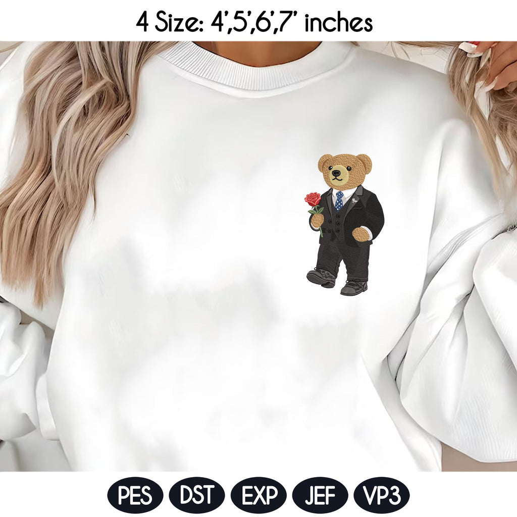 Valentine's Day Bear Embroidery Design, Stylist Bear with Rose Embroidery File, Valentine Bear Machine Embroidery Pattern, Fashion Bear - image 3