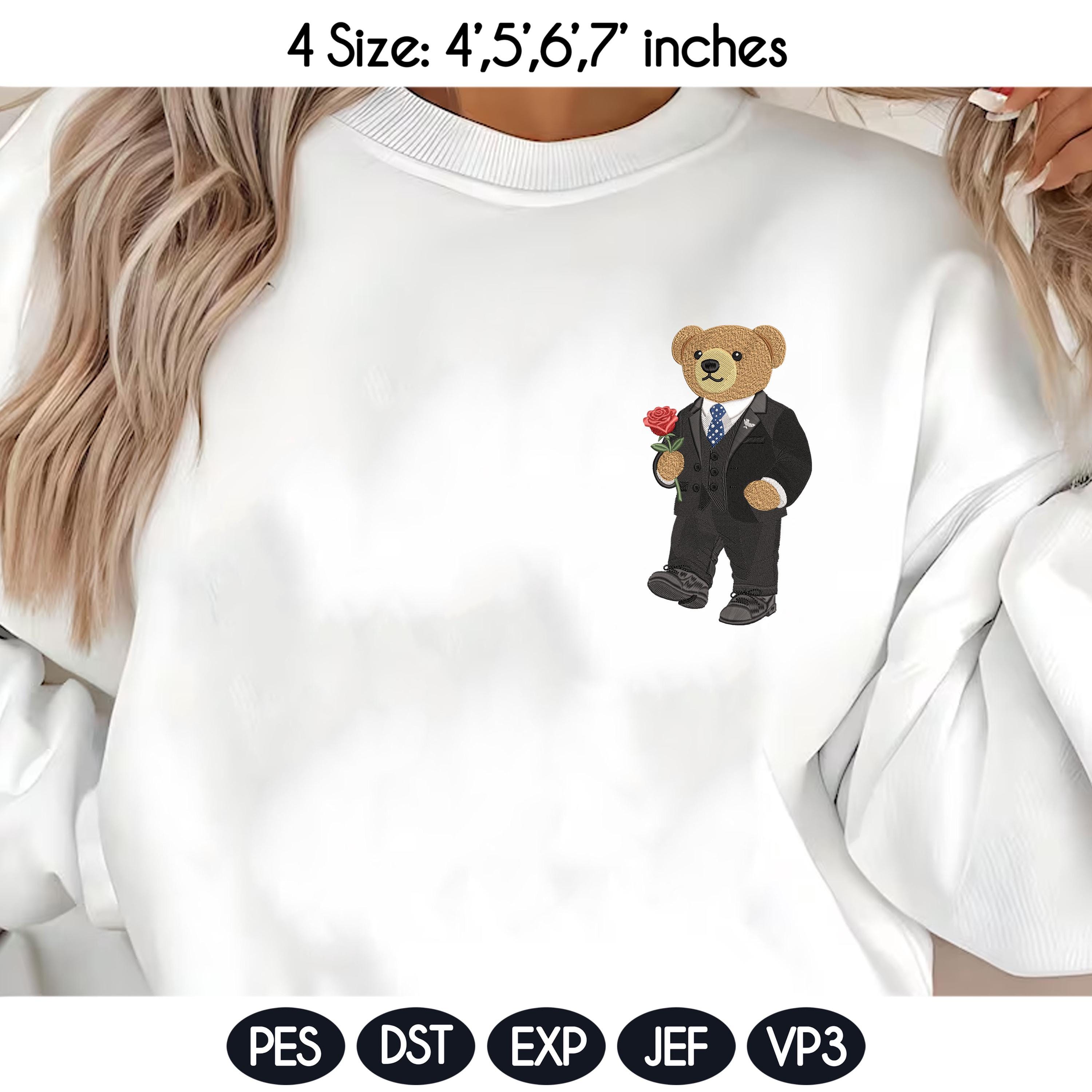 Valentine's Day Bear Embroidery Design, Stylist Bear with Rose Embroidery File, Valentine Bear Machine Embroidery Pattern, Fashion Bear - image 3