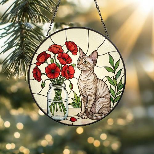 Custom Devon Rex Cat & Red Poppies Glass Suncatcher:  Gift for Cat Lovers - image 2