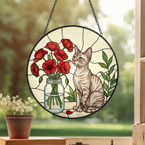 Custom Devon Rex Cat & Red Poppies Glass Suncatcher:  Gift for Cat Lovers - image 3