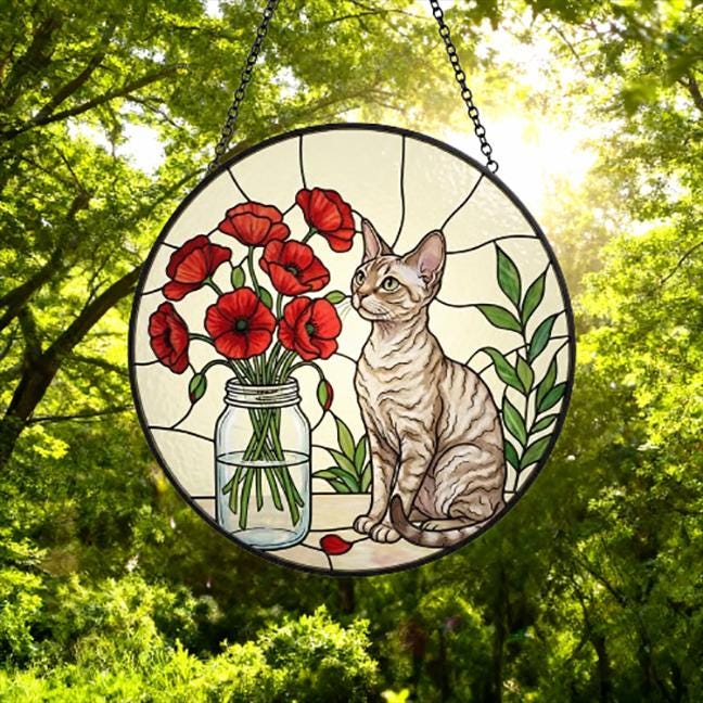 Custom Devon Rex Cat & Red Poppies Glass Suncatcher:  Gift for Cat Lovers