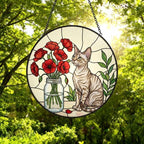 Custom Devon Rex Cat & Red Poppies Glass Suncatcher:  Gift for Cat Lovers