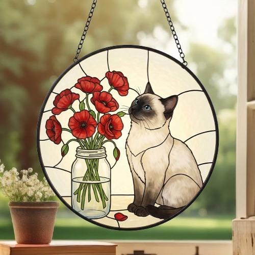 Custom Himalayan cat & Red Poppies Glass Suncatcher:  Gift for Cat Lovers - image 4