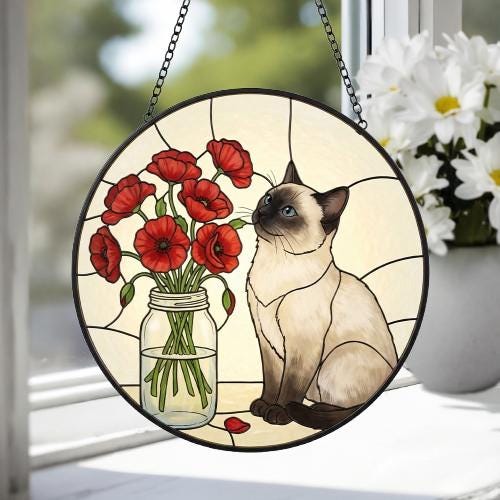 Custom Himalayan cat & Red Poppies Glass Suncatcher:  Gift for Cat Lovers - image 5