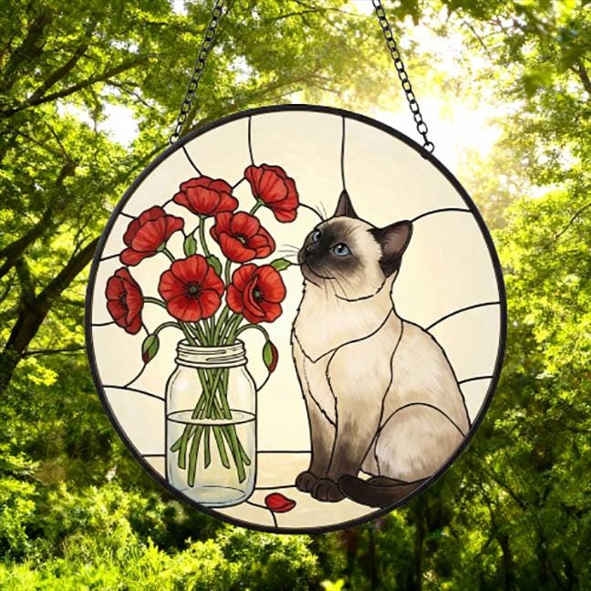 Custom Himalayan cat & Red Poppies Glass Suncatcher:  Gift for Cat Lovers