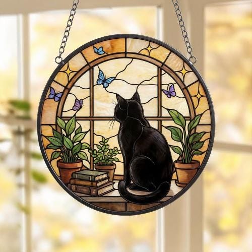 Custom Black Cat And Book Glass Suncatcher , Book Window Decor, Cat Lover Gift, Book Lover Gift - image 4
