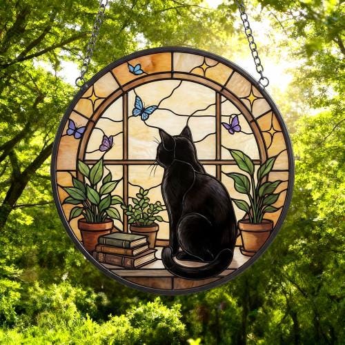 Custom Black Cat And Book Glass Suncatcher , Book Window Decor, Cat Lover Gift, Book Lover Gift - image 3