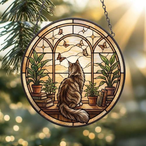 Custom Maine Coon Cat And Book Glass Suncatcher , Book Window Decor, Cat Lover Gift, Book Lover Gift - image 2