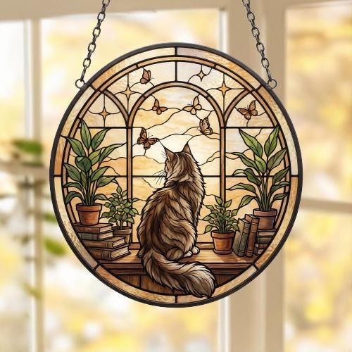 Custom Maine Coon Cat And Book Glass Suncatcher , Book Window Decor, Cat Lover Gift, Book Lover Gift - image 5