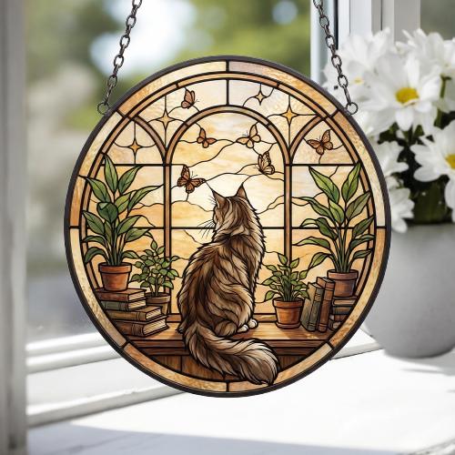 Custom Maine Coon Cat And Book Glass Suncatcher , Book Window Decor, Cat Lover Gift, Book Lover Gift - image 3