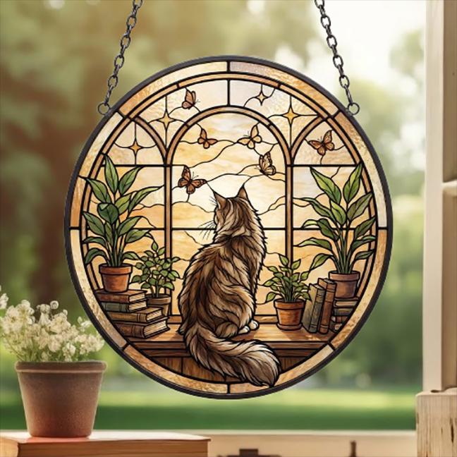 Custom Maine Coon Cat And Book Glass Suncatcher , Book Window Decor, Cat Lover Gift, Book Lover Gift