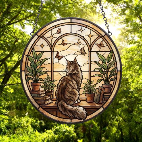 Custom Maine Coon Cat And Book Glass Suncatcher , Book Window Decor, Cat Lover Gift, Book Lover Gift - image 4