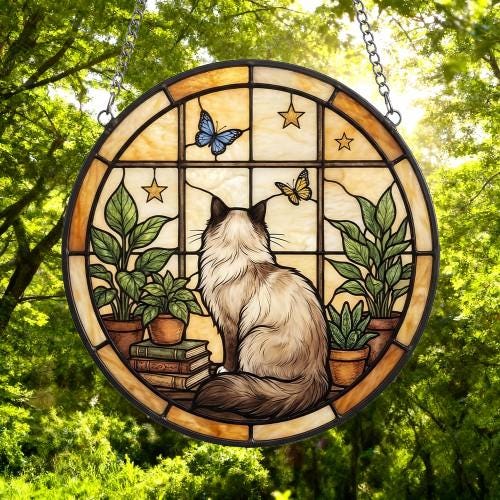 Custom Ragdoll Cat And Book Glass Suncatcher , Book Window Decor, Cat Lover Gift, Book Lover Gift - image 4