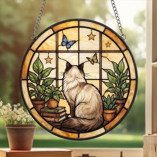 Custom Ragdoll Cat And Book Glass Suncatcher , Book Window Decor, Cat Lover Gift, Book Lover Gift