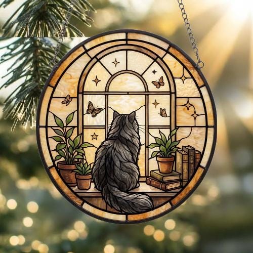 Custom Persian  Cat And Book Glass Suncatcher , Book Window Decor, Cat Lover Gift, Book Lover Gift - image 2