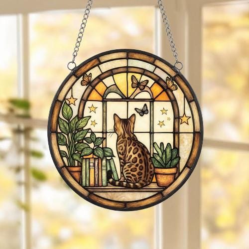 Custom Bengal  Cat And Book Glass Suncatcher , Book Window Decor, Cat Lover Gift, Book Lover Gift - image 5