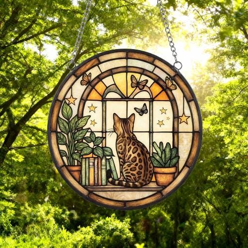 Custom Bengal  Cat And Book Glass Suncatcher , Book Window Decor, Cat Lover Gift, Book Lover Gift - image 4
