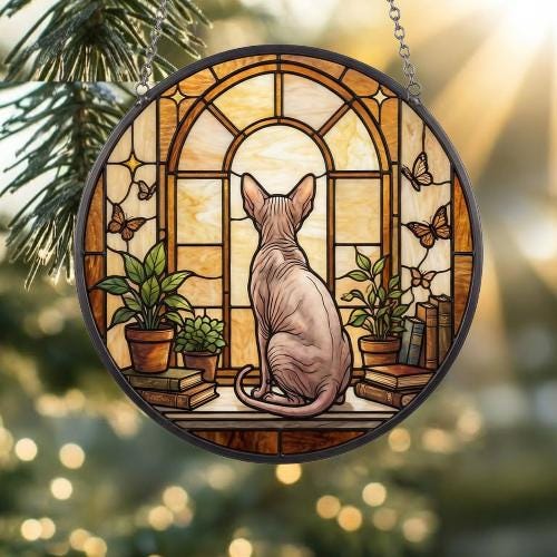 Custom Sphynx Cat And Book Glass Suncatcher , Book Window Decor, Cat Lover Gift, Book Lover Gift - image 4