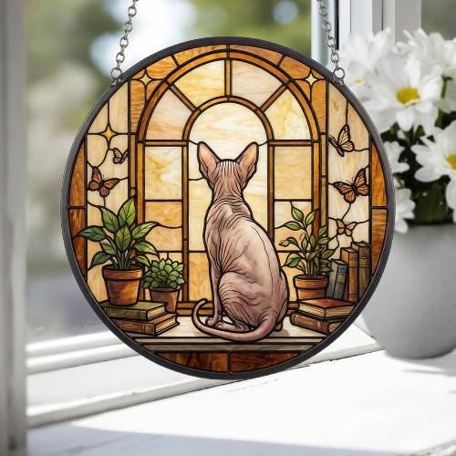 Custom Sphynx Cat And Book Glass Suncatcher , Book Window Decor, Cat Lover Gift, Book Lover Gift - image 2