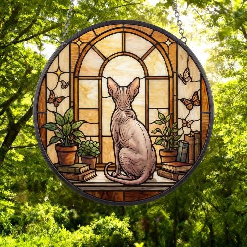 Custom Sphynx Cat And Book Glass Suncatcher , Book Window Decor, Cat Lover Gift, Book Lover Gift - image 5