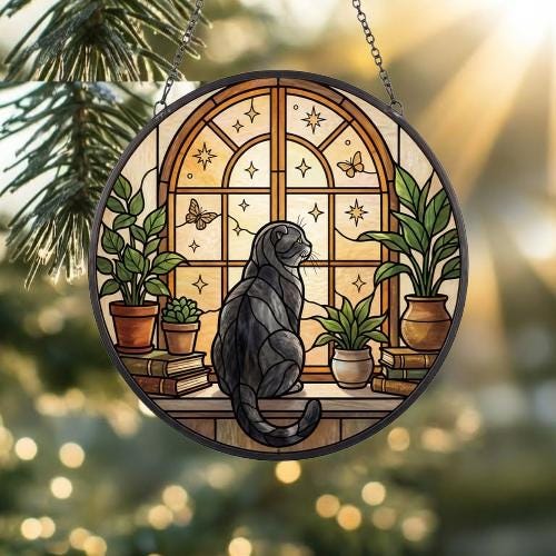 Custom Scottish Fold Cat And Book Glass Suncatcher , Book Window Decor, Cat Lover Gift, Book Lover Gift - image 2