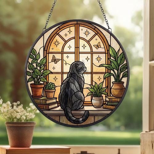 Custom Scottish Fold Cat And Book Glass Suncatcher , Book Window Decor, Cat Lover Gift, Book Lover Gift - image 3