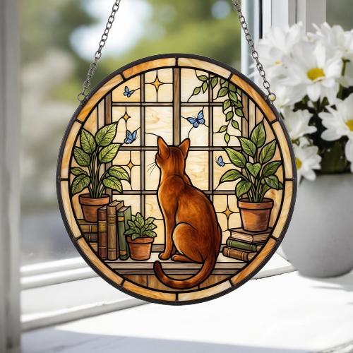 Custom Abyssinian Cat And Book Glass Suncatcher , Book Window Decor, Cat Lover Gift, Book Lover Gift - image 4