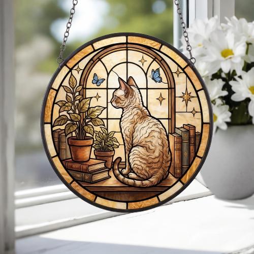 Custom Devon Rex Cat And Book Glass Suncatcher , Book Window Decor, Cat Lover Gift, Book Lover Gift - image 3