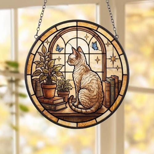 Custom Devon Rex Cat And Book Glass Suncatcher , Book Window Decor, Cat Lover Gift, Book Lover Gift - image 5