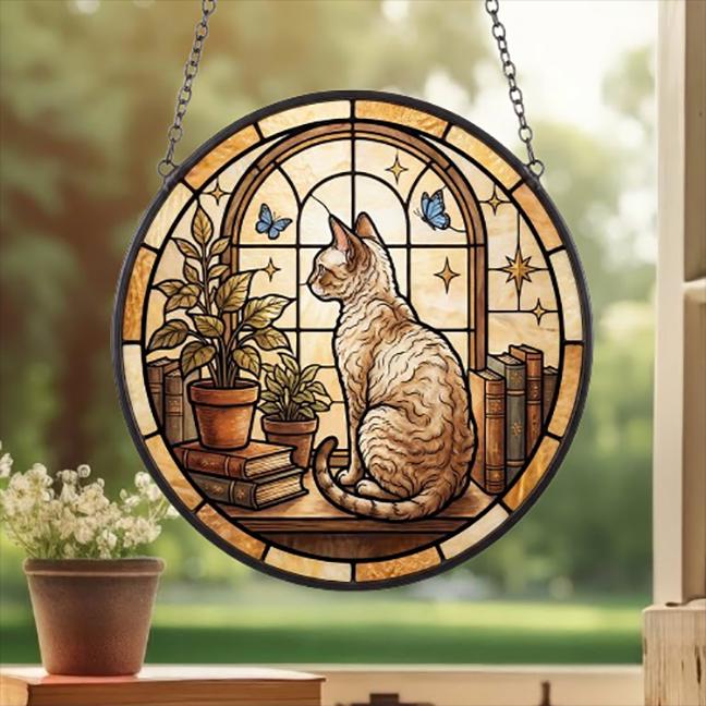 Custom Devon Rex Cat And Book Glass Suncatcher , Book Window Decor, Cat Lover Gift, Book Lover Gift