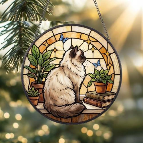 Custom Himalayan Cat And Book Glass Suncatcher , Book Window Decor, Cat Lover Gift, Book Lover Gift - image 2