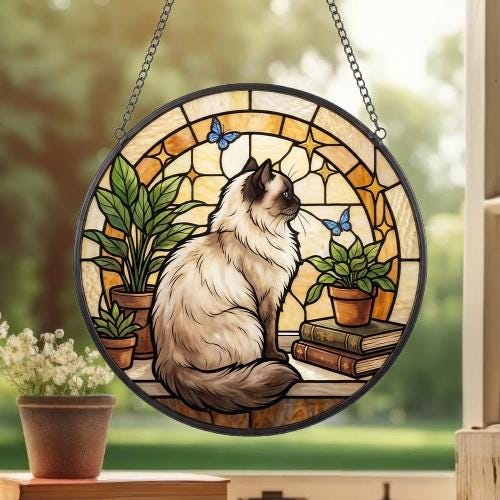 Custom Himalayan Cat And Book Glass Suncatcher , Book Window Decor, Cat Lover Gift, Book Lover Gift - image 3