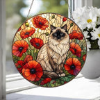 Custom Ragdoll Cat Suncatcher: Glass Panel Decor Floral Poppy Botanical Hanging , Cat Lover Gift