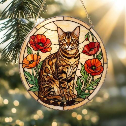 Custom Bengal Cat Suncatcher: Glass Panel Decor Floral Poppy Botanical Hanging , Cat Lover Gift - image 2