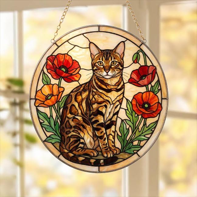 Custom Bengal Cat Suncatcher: Glass Panel Decor Floral Poppy Botanical Hanging , Cat Lover Gift