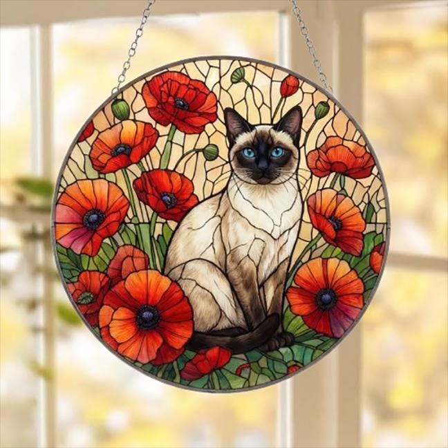 Custom Siamese Cat Suncatcher: Glass Panel Decor Floral Poppy Botanical Hanging , Cat Lover Gift