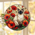 Custom Siamese Cat Suncatcher: Glass Panel Decor Floral Poppy Botanical Hanging , Cat Lover Gift