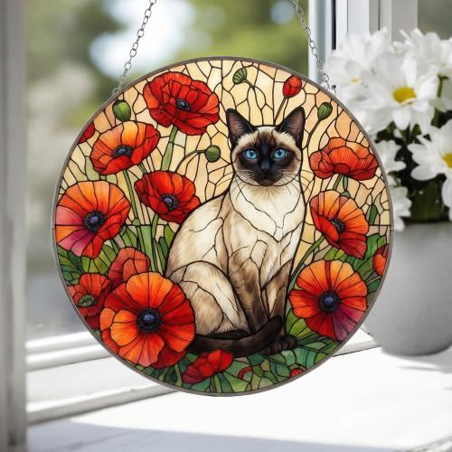 Custom Siamese Cat Suncatcher: Glass Panel Decor Floral Poppy Botanical Hanging , Cat Lover Gift - image 4