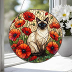 Custom Siamese Cat Suncatcher: Glass Panel Decor Floral Poppy Botanical Hanging , Cat Lover Gift - image 4