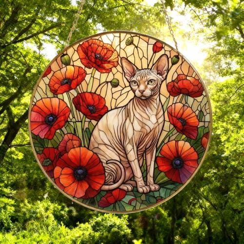 Custom Sphynx Cat Suncatcher: Glass Panel Decor Floral Poppy Botanical Hanging , Cat Lover Gift - image 5