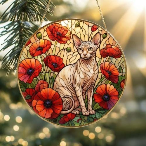 Custom Sphynx Cat Suncatcher: Glass Panel Decor Floral Poppy Botanical Hanging , Cat Lover Gift - image 2