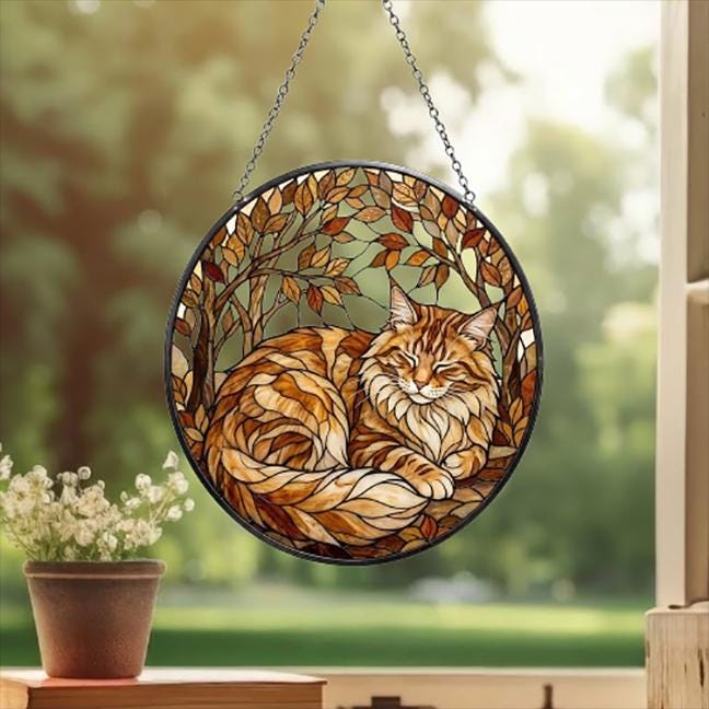 Custom Orange Maine Coon Cat Sleeping Stained Glass Suncatcher: Cat Lover Gift
